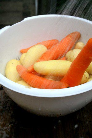 De skrubbede og rene kartofler og gulerødder vaskes