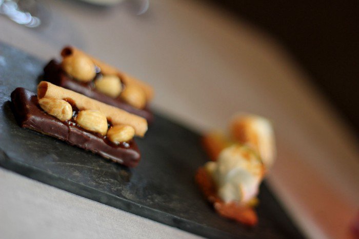 Nougat with tuille cigar, chocolate and coffee and Sablee with pineapple and merinque